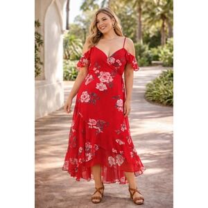 Speechless Red Floral Off-Shoulder Chiffon Dress Size XXL | Ruffle Tiered Midi
